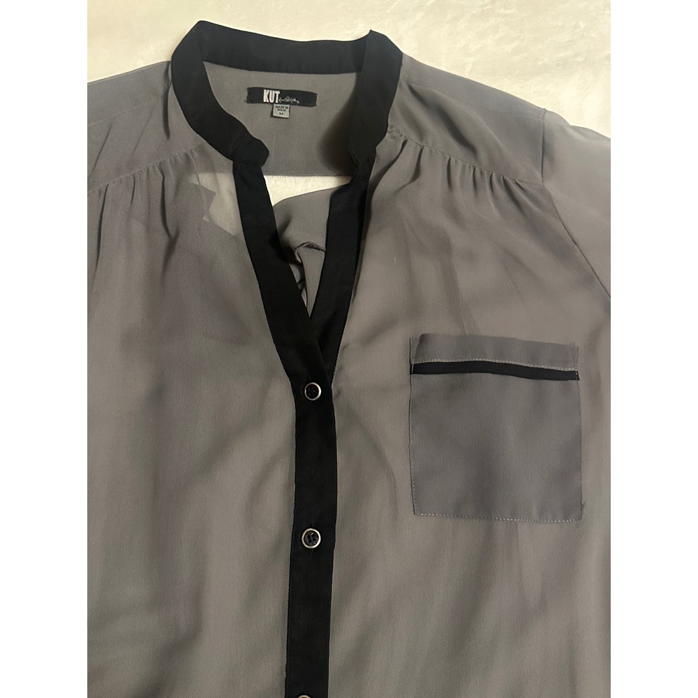 KUT from the Kloth Grey Sheer Draped Back Blouse Black Trim Medium flowy - Picture 4 of 16